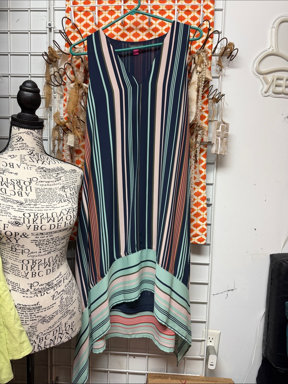 Vince Camuto Navy Striped Sleeveless High-Low Dress with Mint and Blush Accents